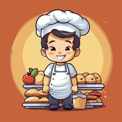 Cartoon boy chef with bread and bakery products. Vector illustra