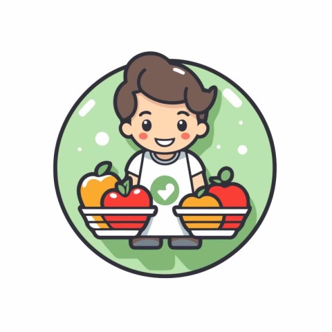 Cute boy with fresh vegetables. Vector illustration in cartoon s