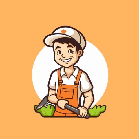 Cartoon vector illustration of a gardener holding a shovel in hi