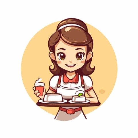 Cute cartoon waitress holding a tray of food. Vector illustratio