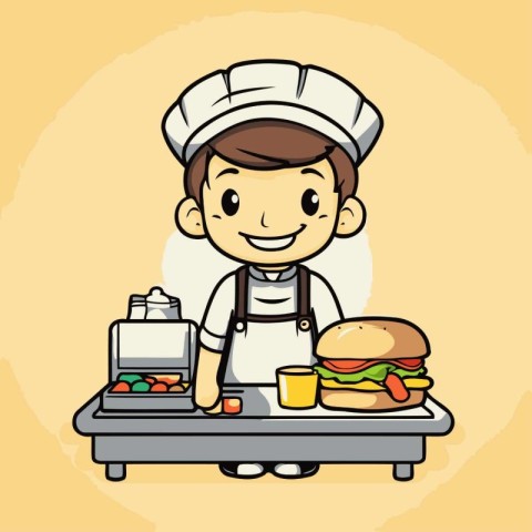 Illustration of a Cute Little Boy Dressed as a Chef Holding a Bu