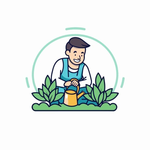 Gardener watering plants in the garden. Flat style vector illust