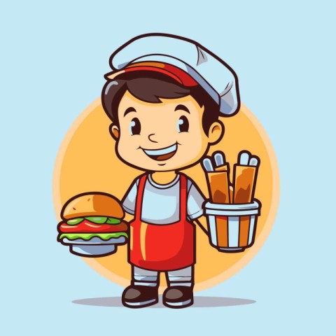 Chef holding hamburger and french fries cartoon character vector