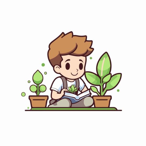 Cute boy reading book with plant in pot. Vector illustration.