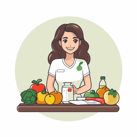 Smiling young woman preparing fresh juice in the kitchen. Vector