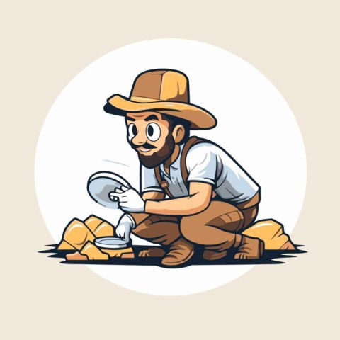 Cartoon farmer sitting on the ground and working with gold. Vect