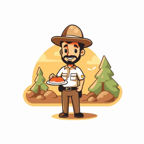 Cartoon cowboy with hat and sausages in the forest. Vector illus