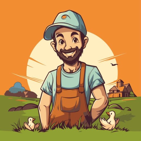 Vector illustration of a farmer with a duck in his hands on a fa