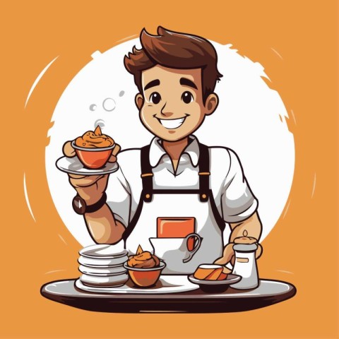 Vector illustration of a waiter serving a plate of food in a res