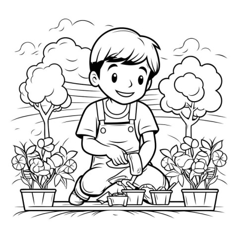 Boy planting flowers in the garden. Black and white vector illus