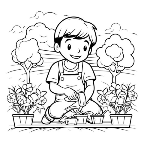 Boy planting flowers in the garden. Black and white vector illus