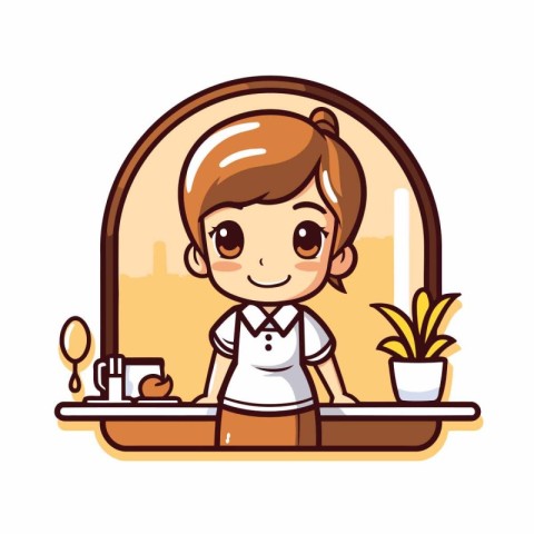 Cute cartoon waitress in cafe. Vector illustration of a restaura