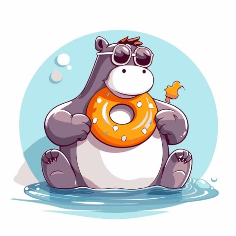 Cute cartoon penguin in sunglasses with donut. Vector illustrati