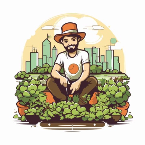 Vector image of gardener with plants in pots on the city backgro