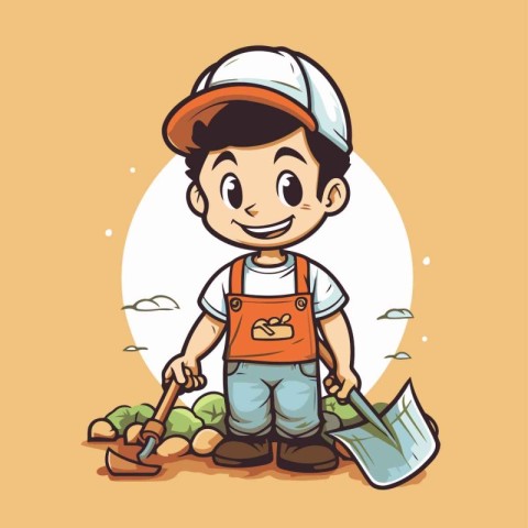 Vector illustration of a boy working in the garden. Cartoon styl