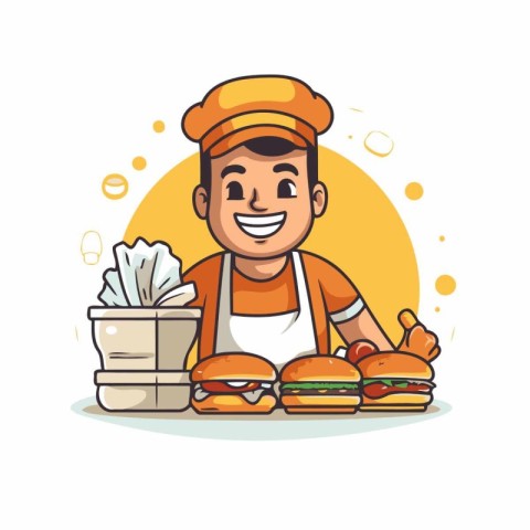 Cartoon fast food seller with hamburgers. Vector illustration.