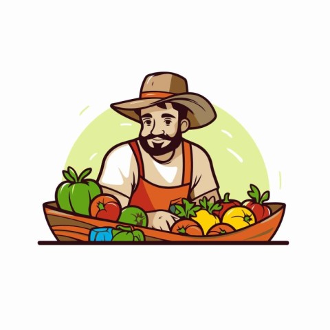 Farmer with basket full of fruits and vegetables. Vector illustr