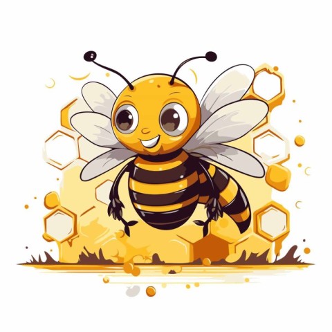 Illustration of a cute cartoon bee on a honeycombs background