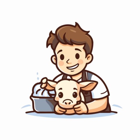 Cute little boy feeding a baby cow with milk. Vector illustratio