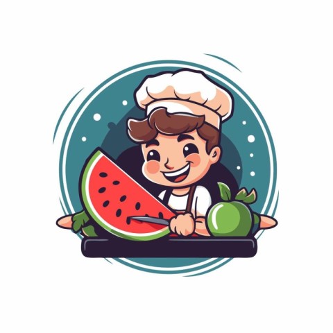 Chef boy with watermelon and apple. Vector illustration in carto