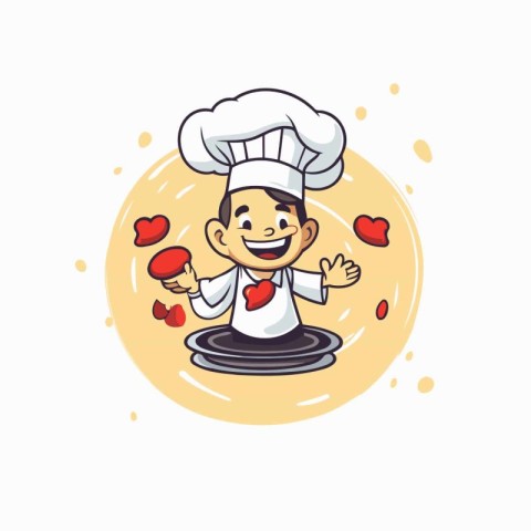 Chef holding plate with red hearts. Vector illustration in carto