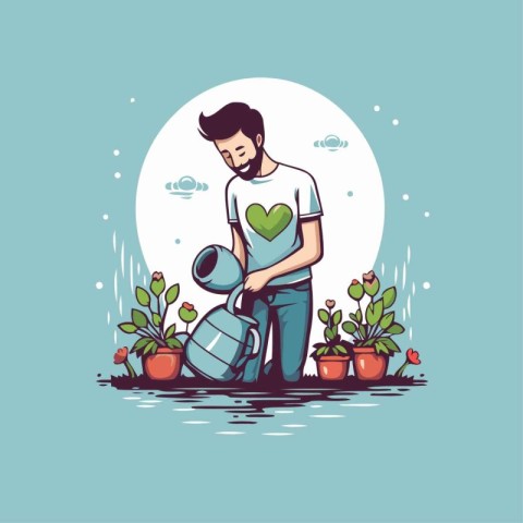 Gardener watering plants. Vector illustration in a flat style.