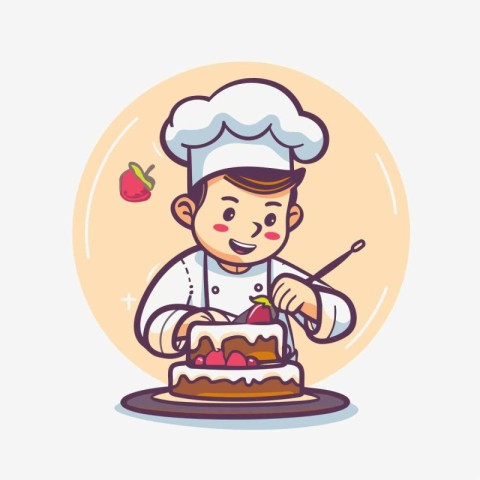 Chef with cake. Vector illustration in cartoon style on white ba