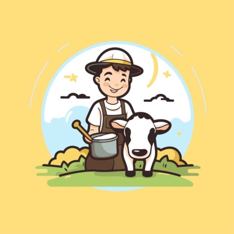 Farmer with a cow and a pot. Vector illustration in cartoon styl