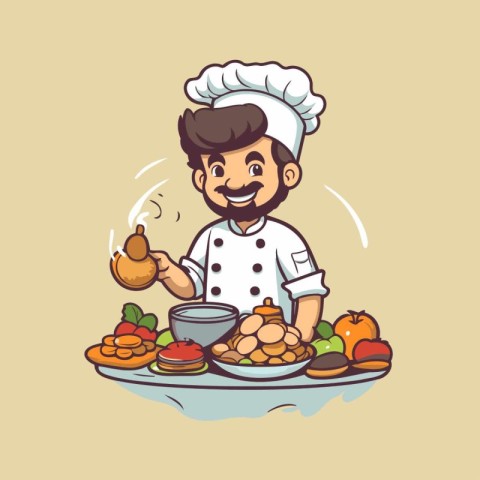 Chef with a plate of food. Vector illustration in cartoon style