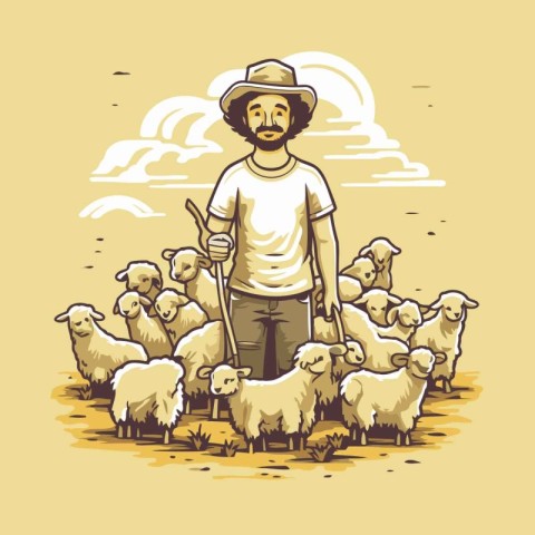 Farmer with flock of sheep. Vector illustration in retro style.