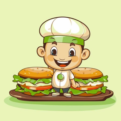 Cute boy chef with hamburgers on plate vector illustration.