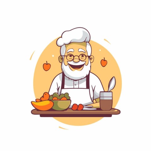 Old man cooking healthy food. Vector illustration in flat cartoo