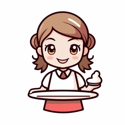 Cute Cartoon Girl Waiter Holding Ice Cream Vector Illustration.