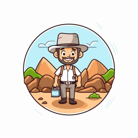 Cartoon farmer with a bucket of water. Vector illustration on wh