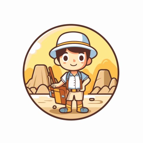 Boy in safari hat with suitcase. Vector illustration in cartoon