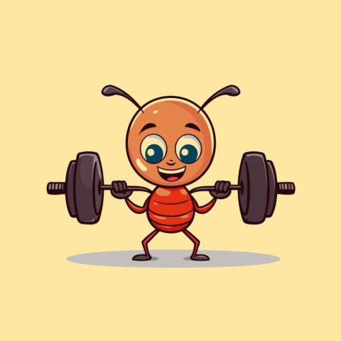 Cute cartoon ant character lifting a barbell. Vector illustratio