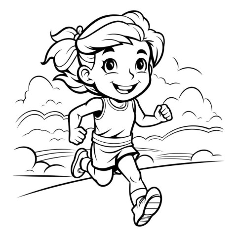 Black and White Cartoon Illustration of Cute Little Girl Running