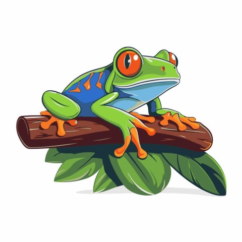 Cartoon green frog on a branch with leaves. Vector illustration.