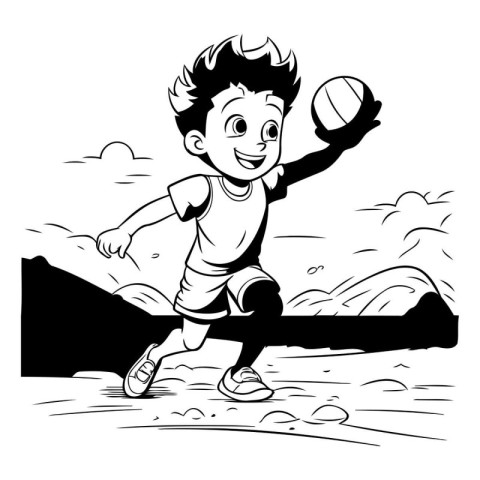 Illustration of a Little Boy Playing Volleyball - Black and Whit