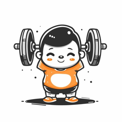 Cute little boy lifting a barbell. vector cartoon illustration.