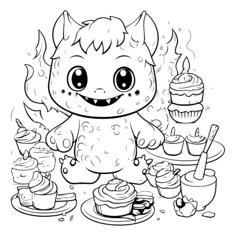 Vector illustration of a cute cartoon little wolf with cupcakes.