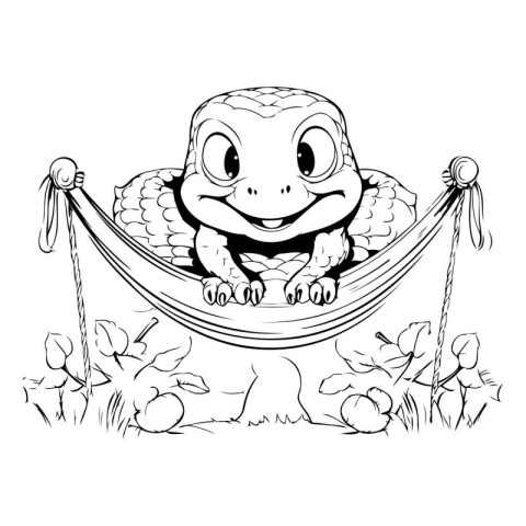 Cute little turtle in a hammock. Hand drawn vector illustration.