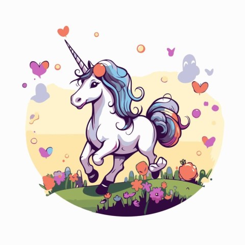 Unicorn on the meadow. Cute cartoon style vector illustration.