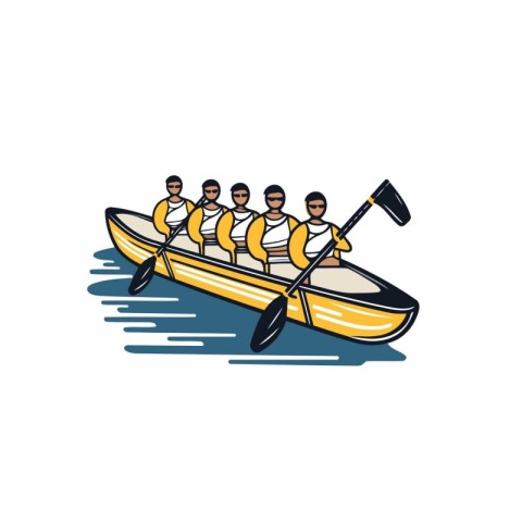 Team of men in kayak. Vector illustration on white background.