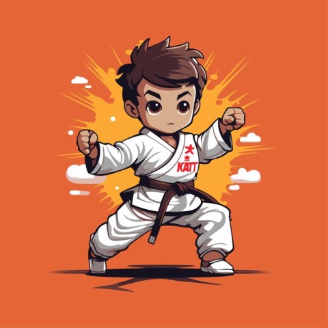 Karate boy in kimono on orange background. Vector illustration.