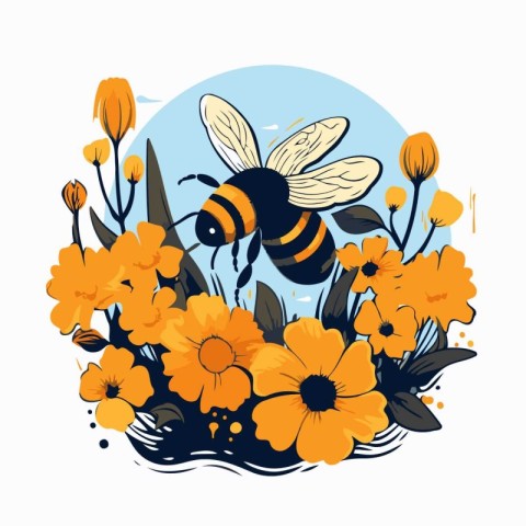 Bumblebee and yellow flowers. Vector illustration in flat style.