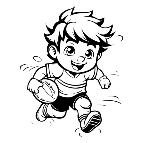 Rugby Boy Running with Ball - Black and White Cartoon Illustrati