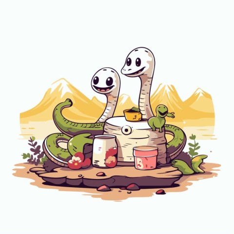 Cute cartoon snake. Vector illustration of a snake with a pot of