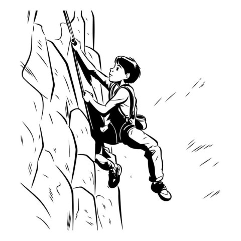 The boy climbs on a rock. Black and white vector illustration.