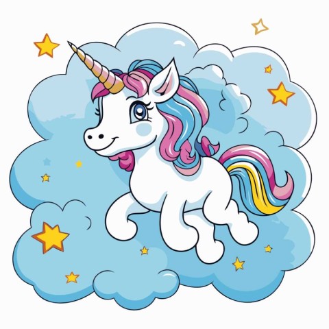 Unicorn on the cloud with stars. Cartoon vector illustration.